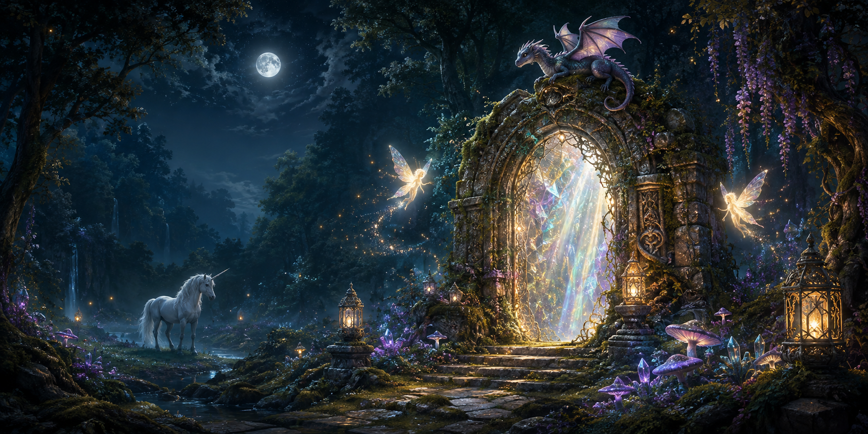 A glowing entrance to the Becoming Village, watched over by a friendly dragon and fairies